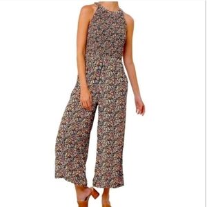 Loft Ditsy Floral Smocked Wide Leg Cropped Jumpsuit 6 High Neck Pockets